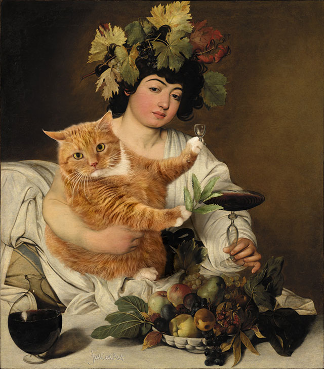Caravaggio, Bacchus: Wine vs Catnip | Fat Orange Ginger Cat Paintings Photobombing Famous Masterpieces