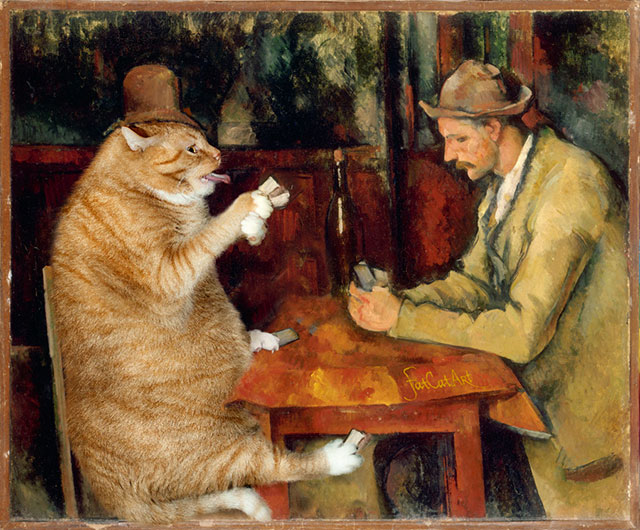 Paul Cézanne, The Cat Card Players | Fat Orange Ginger Cat Paintings Photobombing Famous Masterpieces