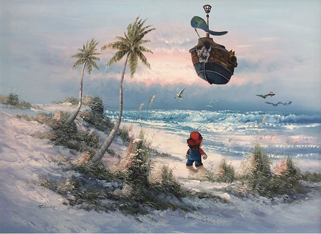 Super Mario Airship | Thrift Store Paintings Altered & Improved For Sale, By Dave Pollot
