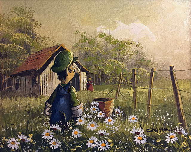 Super Mario Luigi Sunflowers Painting | Thrift Store Paintings Altered & Improved For Sale, By Dave Pollot