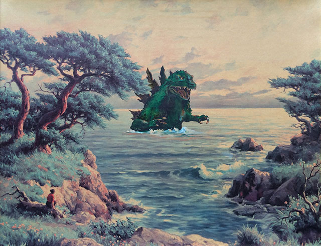 Godzilla Painting | Thrift Store Paintings Altered & Improved For Sale, By Dave Pollot