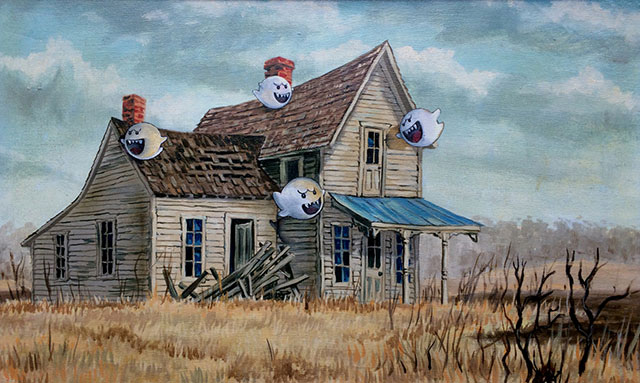 Super Mario Boo Ghosts Painting | Thrift Store Paintings Altered & Improved For Sale, By Dave Pollot