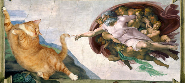 Michelangelo, The Creation of cAt-dam | Fat Orange Ginger Cat Paintings Photobombing Famous Masterpieces