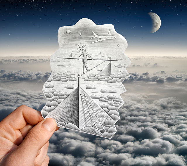 Sky Tightrope Walking Photo // Pencil Photography Drawing, Pencil vs Camera Ideas by Ben Heine