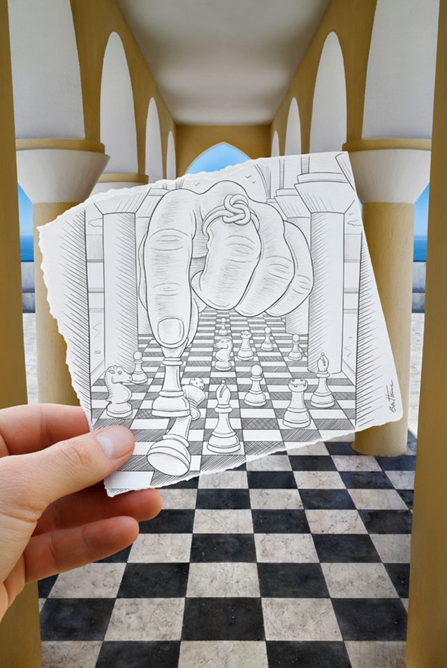 Giant Hand Plays Chess Photo // Pencil Photography Drawing, Pencil vs Camera Ideas by Ben Heine
