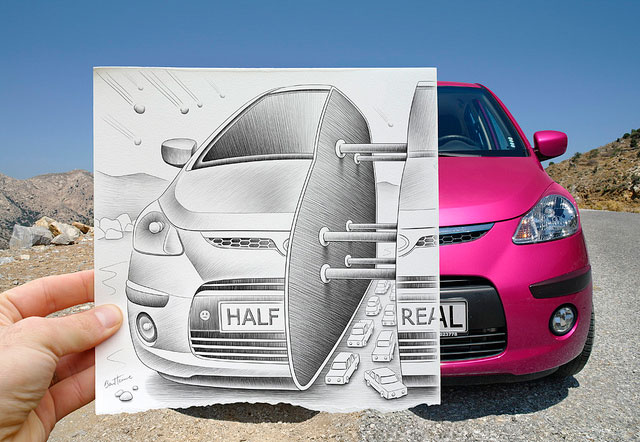 Car Divides In Half Photo // Pencil Photography Drawing, Pencil vs Camera Ideas by Ben Heine