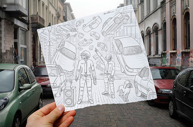 Flying Cars Photo // Pencil Photography Drawing, Pencil vs Camera Ideas by Ben Heine