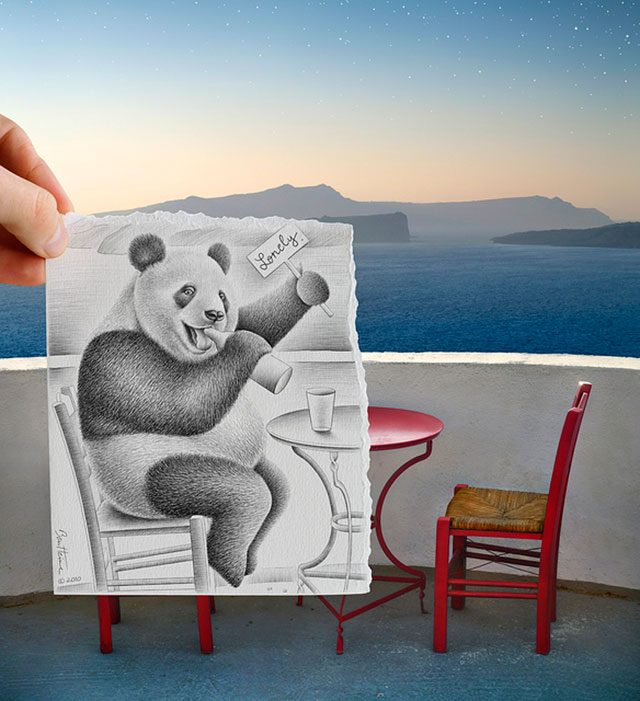 Lonely Panda Drinking Photo // Pencil Photography Drawing, Pencil vs Camera Ideas by Ben Heine