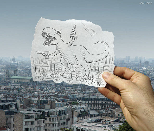 Giant Dinosaur With Guns Photo // Pencil Photography Drawing, Pencil vs Camera Ideas by Ben Heine