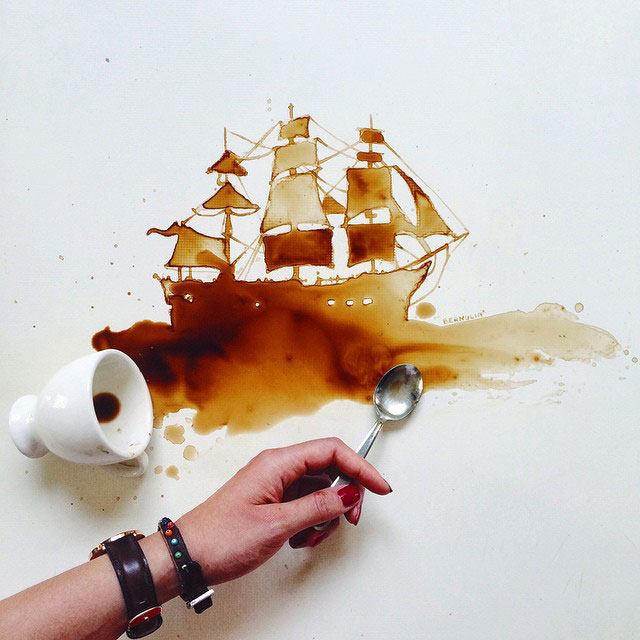 Pirate Ship Coffee Artwork // I Spilled Coffee Art Images, by Coffee Artist, Giulia Bernardelli