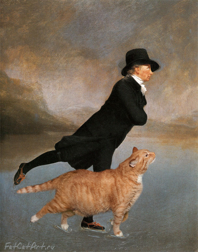 Sir Henry Raeburn, Skating Minister and Skating Cat. | Fat Orange Ginger Cat Paintings Photobombing Famous Masterpieces