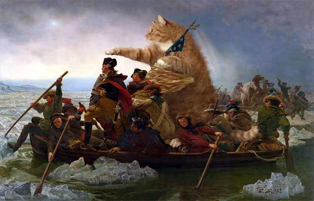 Emanuel Leutze, “Washington Crossing the Delaware in a boat piloted by the Fat Cat” | Fat Orange Ginger Cat Paintings Photobombing Famous Masterpieces
