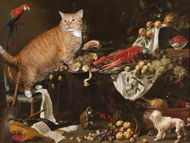 Adriaen van Utrecht, Still Life | Fat Orange Ginger Cat Paintings Photobombing Famous Masterpieces