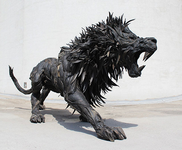Recycled Tires Lion Sculpture Artwork | 10 Creative & Famous Lion Sculptures Outdoor Art