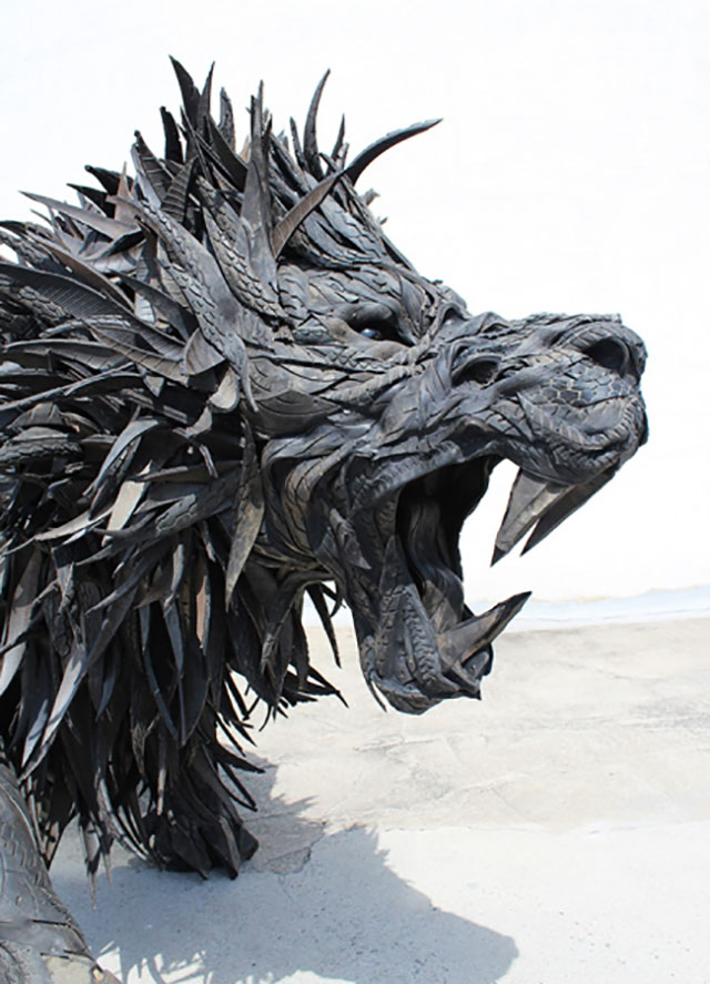 Recycled Tires Lion Sculpture Artwork | 10 Creative & Famous Lion Sculptures Outdoor Art
