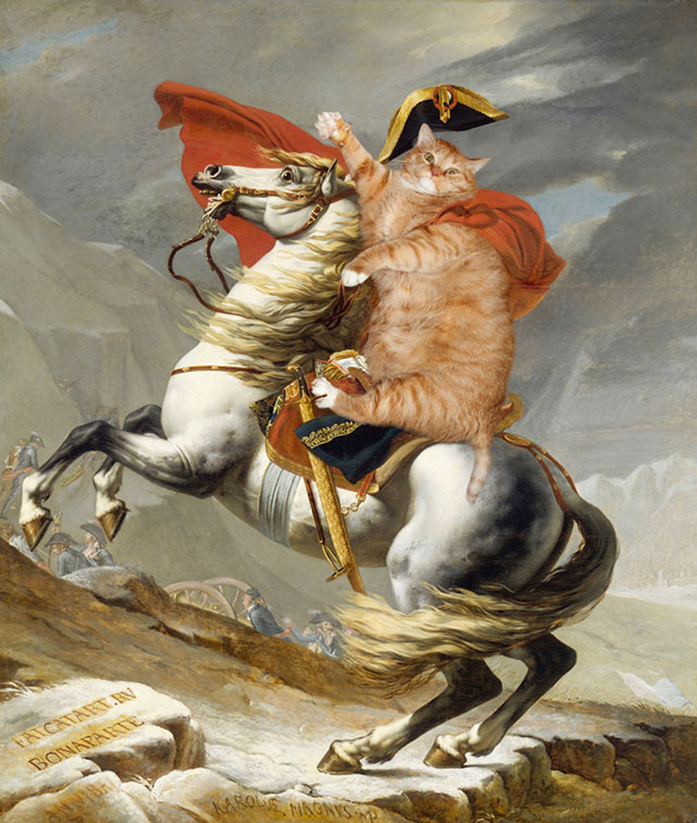 Jacques-Louis David, Napoleon Crossing the Alps | Fat Orange Ginger Cat Paintings Photobombing Famous Masterpieces
