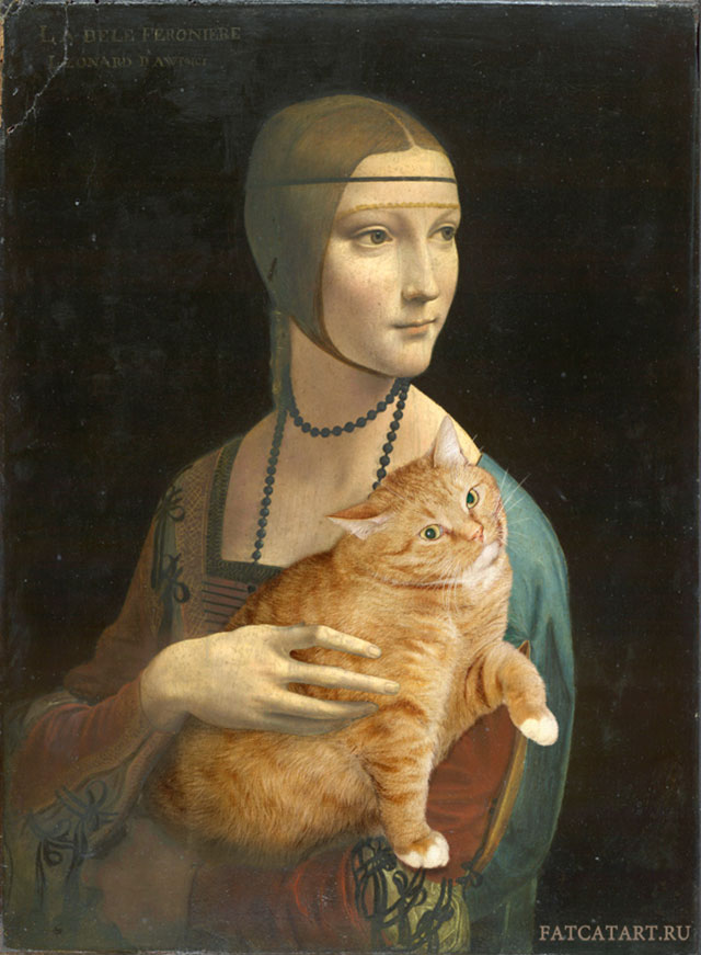 Leonardo da Vinci. Lady with a Cat pretending to be an Ermine | Fat Orange Ginger Cat Paintings Photobombing Famous Masterpieces