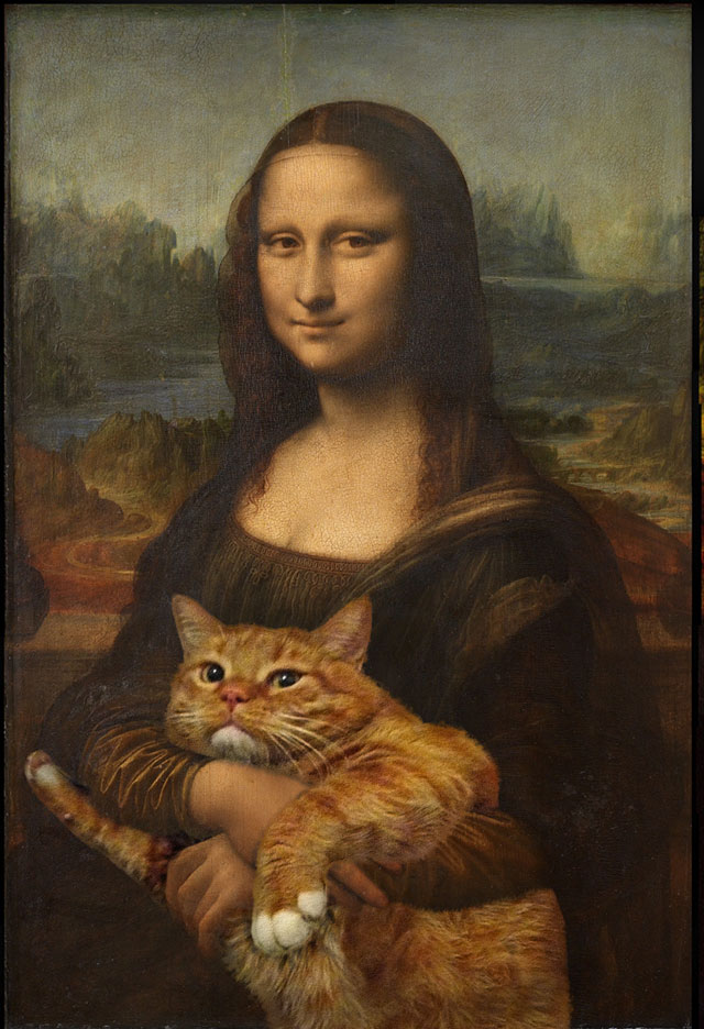 Leonardo da Vinci, Mona Lisa, True version | Fat Orange Ginger Cat Paintings Photobombing Famous Masterpieces
