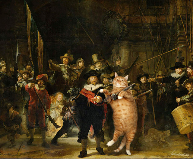 Rembrandt Harmenszoon van Rijn, The Night Watch | Fat Orange Ginger Cat Paintings Photobombing Famous Masterpieces