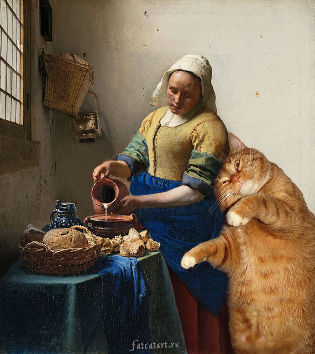 Johannes Vermeer, The Kitchen Maid and the Cat | Fat Orange Ginger Cat Paintings Photobombing Famous Masterpieces