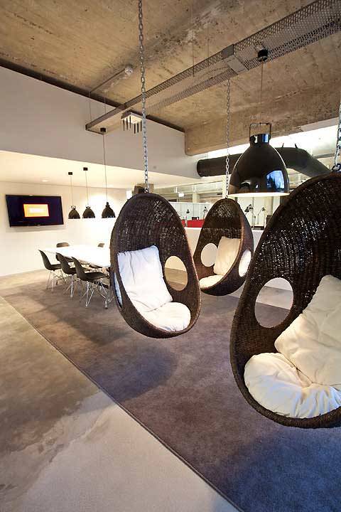 Roof Hanging Egg Chairs // 10 Creative Office Space Design Ideas