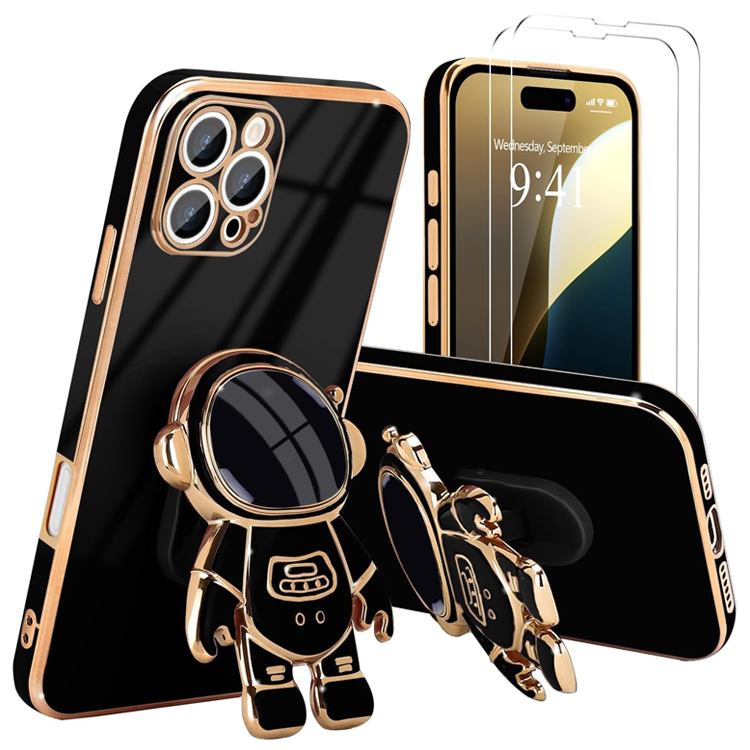 for iPhone 16 Pro Max Case, Cute 3D Astronaut Stand with [2 Screen Protector] [Camera Protection] Kickstand Shockproof Silicone Soft Back Cover for Apple iPhone 16 Pro Max Phone Case, Black