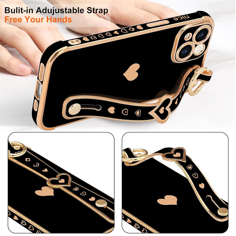 181 Coolest Creative iPhone Cases Make Your Phone Unforgettable Forever 228 for iPhone 13 Case Cute Love-Heart Plating Strap Phone Cover for Women Girlss Bling Soft Silicone Camera Lens Protection Bumper Shockproof Phone Case for iPhone 13 (6.1'') - Black