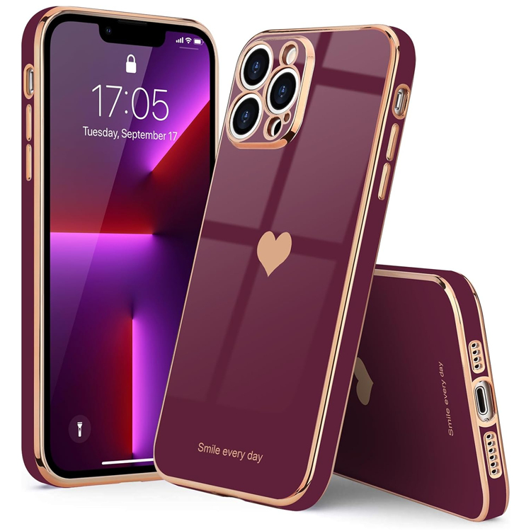 181 Coolest Creative iPhone Cases Make Your Phone Unforgettable Forever 260 Teageo for iPhone 13 Pro Max Case for Girl Women Cute Love-Heart Luxury Bling Plating Soft Back Cover Raised Camera Protection Bumper Silicone Shockproof Phone Case, Wine red