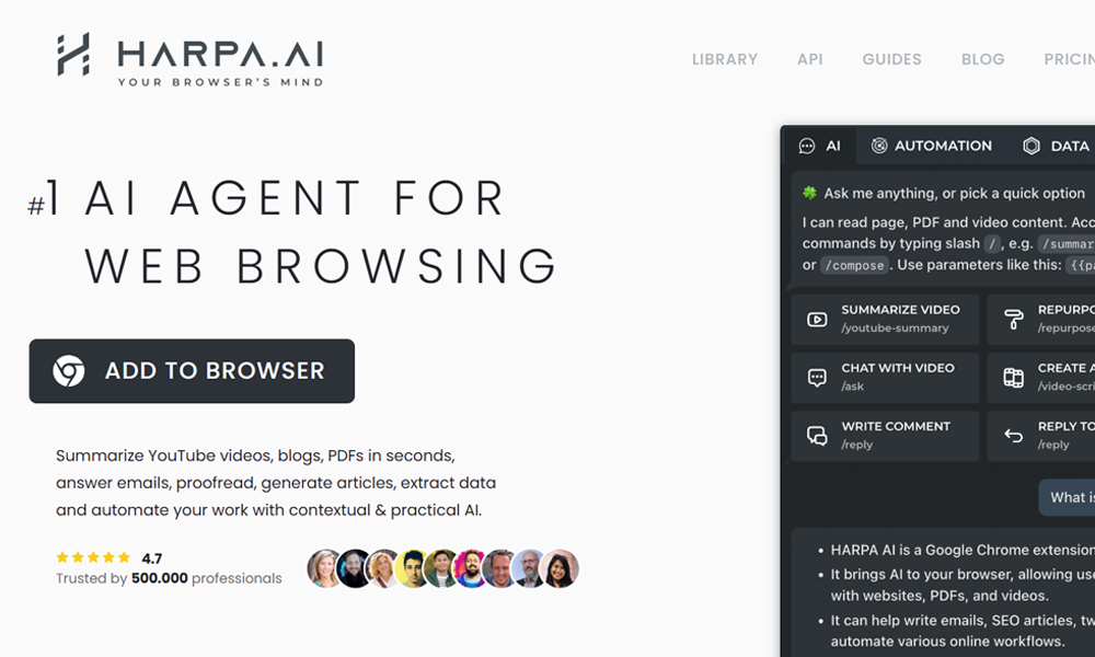 HARPA AI is a multifunctional browser extension with YouTube summarization